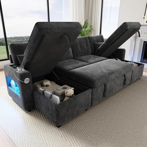 Canapé d'angle Convertible avec USB et LED,canapé Convertible 4 Places,Canapé lit d'angle avec Fonction Sommeil,canapé 4 Places gigogne en U,avec Rangement,avec Porte-gobelet (Gris) (1/5)