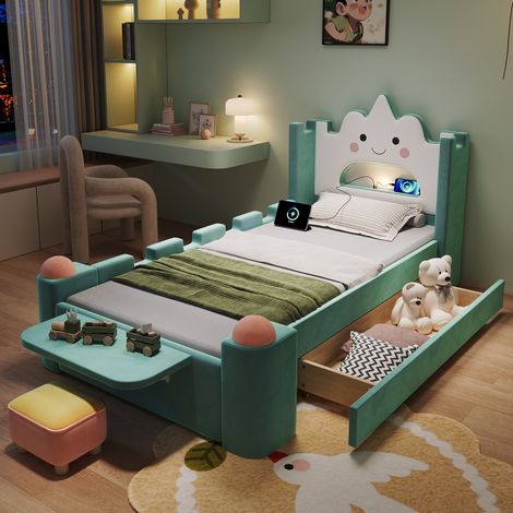 Lit enfant nuage 90x200cm avec liseuse LED,USB,tiroir réversible et tablette rabattable en velours bleu-vert sans matelas (1/5)