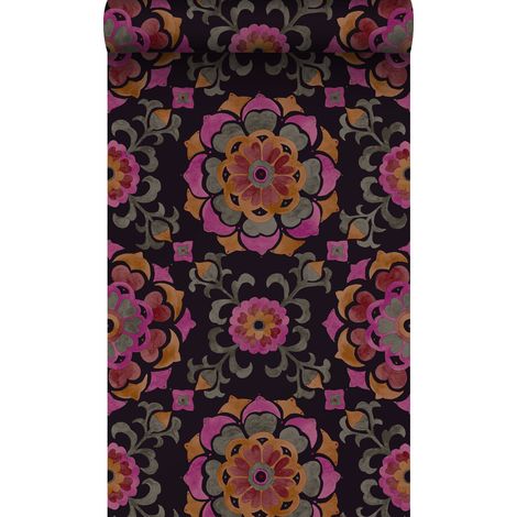papier peint fleurs suzani noir, orange et rose - Origin Wallcoverings (1/5)