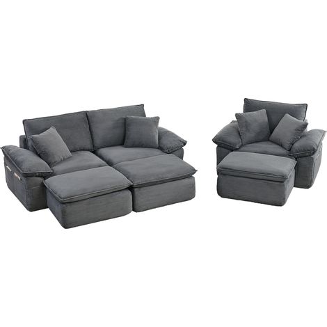 Divano 2 posti modulare in tessuto grigio chiaro con pouf e tasche laterali, senza montaggio (1/5)