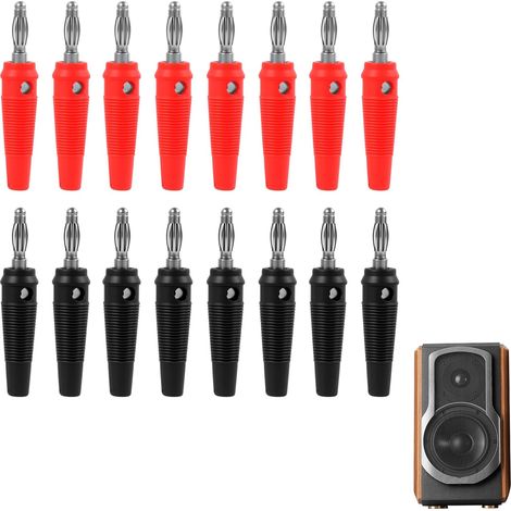 16 Pièces Fiches Bananes 4mm avec Manchon Caoutchouc Souple, 8 Rouges et 8 Noires, Fer Nickelé, Connecteurs pour Enceintes sans Soudure, Compatibles avec Amplis, Récepteurs AV, Chaînes HiFi (1/5)