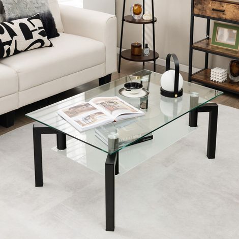 Verre Trempé Moderne Table Basse Rectangulaire avec Double Plateau de Rangement pour Salon Noir (1/5)