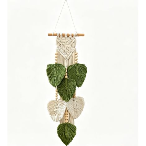 Suspension Murale Macramé Bohème en Coton, Motif Feuilles avec Perles en Bois, 20 × 63 cm, Décoration Murale Vert et Blanc (1/5)