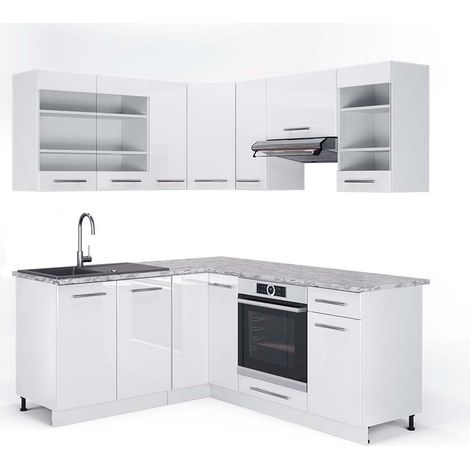 Cocina esquinera Fame-Line, Blanco alto brillo/Blanco, 190 x 160 cm, ET Mármol, Vicco