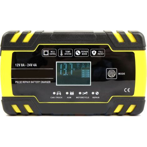 Chargeur de batterie automatique 8A avec écran LCD, entretien et réparation par impulsions pour moto, camion, prise US jaune (1/5)