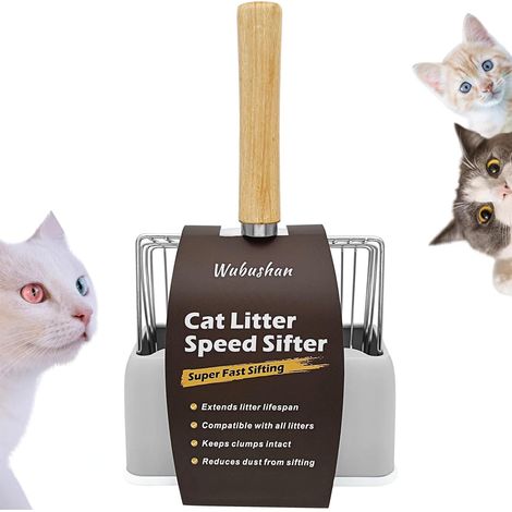 Cat Litter Scoop Metal Cat Litter Scoop with Stand, Metal Cat Scoop 7 mm, Litter Scoop with Wooden Handle for Cleaning Pets, Dogs, Cats (1/5)