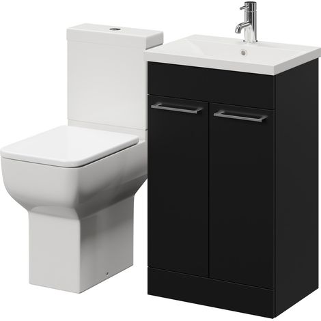 Alessio Matt Black 500mm Vanity Unit and Toilet Suite including Comfort Height Toilet and Floor Standing Vanity Unit with 2 Doors and Chrome Handles (1/5)