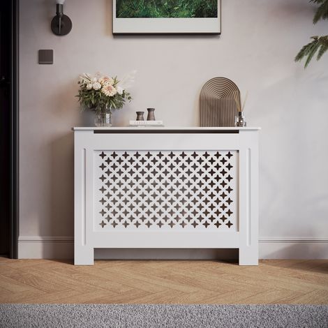 Habillage de radiateur SONNI Couverture de radiateur Couverture de radiateur 112x19x81.5cm Grille croisée blanche (1/5)