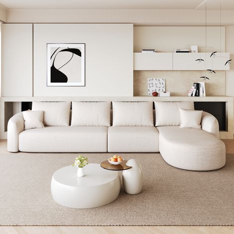 Canapé d’angle modulable en L 5 places 336 x 168 x 85 cm avec méridienne gauche, sans structure ni montage, mousse haute résilience, chenille, Blanc (1/5)