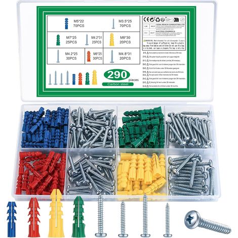 290 Pcs Screws And Dowels Set, Concrete Dowel, Hollow Block Dowel  Concrete Screws,Plastic Expansion Dowels For Hollow Drywall, Concrete, Plaster Plates (1/5)