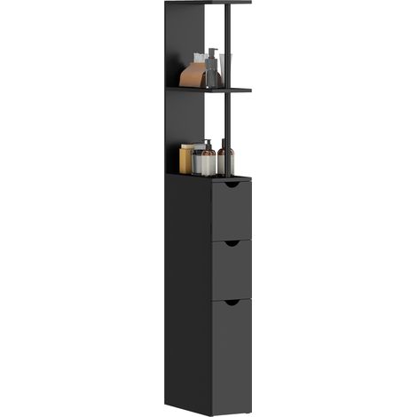 Meuble colonne salle de bain armoire de salle de bain avec tiroirs étagères ouvertes placard 15 x 33 x 136,8 cm noir (1/5)