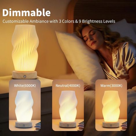 Lampe de bureau rechargeable USB lampe de nuit à intensité variable imprimée en 3D base en bois modèle Breeze idéale pour tables de chevet mariages fêtes terrasse intérieur extérieur (1/5)