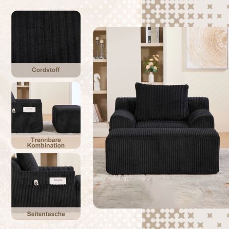 Fauteuil surdimensionné - Velours côtelé noir - 147x110x67 cm - Repose-pied inclus - Poches latérales (1/5)