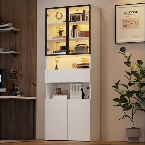 MEUBLIV Vitrine 70x30x200 cm blanche – LED, portes vitrées, 1 tiroir et 2 rangements (1/5)