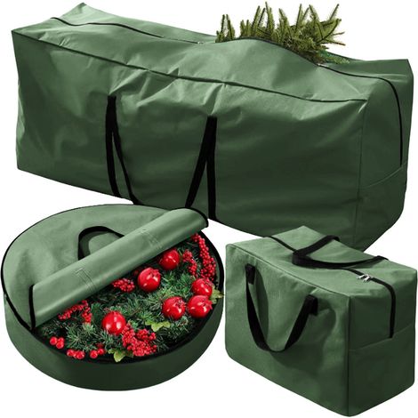 Rangement pour Décorations de Noël, Boite Rangement Boules de Noël avec Séparateurs, Grand Sac Rangement Sapin, Sac Couronne de Noël Guirlande Deco (Vert Lot 3 Pieces) (1/5)