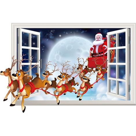 [Vinilo decorativo de pared] Decoración 3D de PVC de Papá Noel y renos [70x50cm] (1/5)