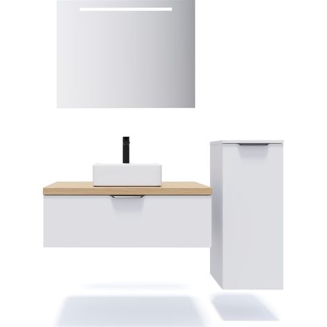 Meuble de salle de bain suspendu vasque à poser 90cm 1 tiroir Blanc + miroir + colonne ouverture droite - Soho (1/5)
