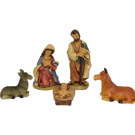 Presepe Natività Completa 5 Pezzi Altezza Max 9 cm Sacra Famiglia con Giuseppe maria bambinello gesu' bue asinello Decorazione Raffinata