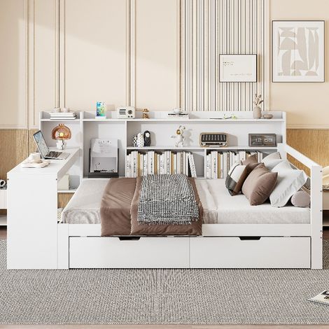 Multifunktionales Doppelbett mit Schreibtisch und Stauraum, 140x200 cm, Massivholz Schlafsofa mit Schubladen, Bücherregal und Steckdose, Weiß (1/5)