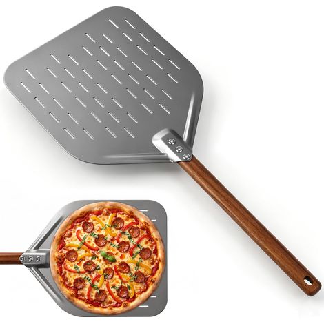 Pelle à pizza perforée, gris, 39 x 30.5 cm, Fabriqué en aluminium anodisé dur, Poignée amovible en noyer, Spatule pour four à pizza, adaptée au pain à pizza (1/5)