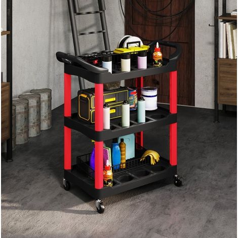 Chariot d'atelier roulant 3 niveaux avec poignées latérales, 12 trous de rangement, 4 roues pivotantes dont 2 freinées, noir, charge 91 kg - CHICFURN (1/5)