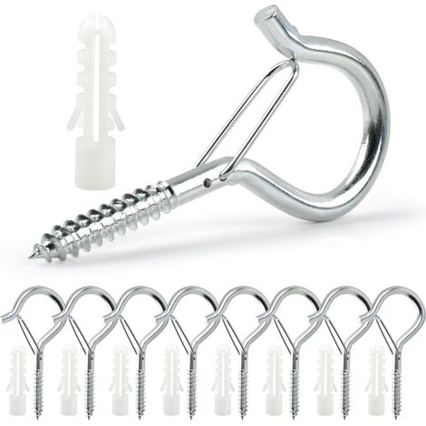 10 Pièces Crochet à Visser M6 avec Fusible,Forme Q Crochets à Visser avec Boucle de Sécurité,Crochets Ménagers avec Vis pour Plantes, Lanternes Décoration Fête (Argent) (1/5)