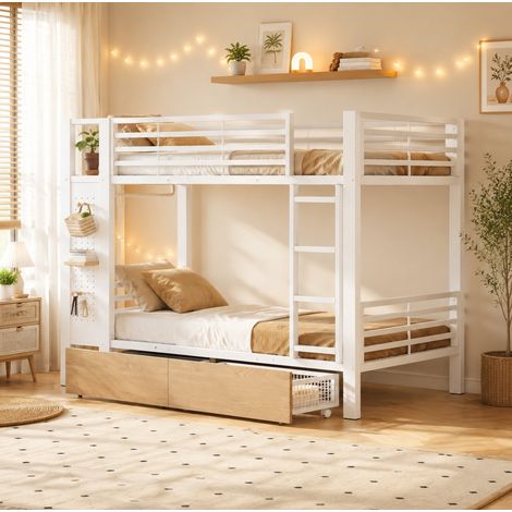 Lit superposé 90 x 200 cm en métal et MDF blanc, avec éclairage LED d’ambiance, 4 tiroirs, espace penderie et rangement, conforme EN747, sans matelas - CHICFURN (1/5)