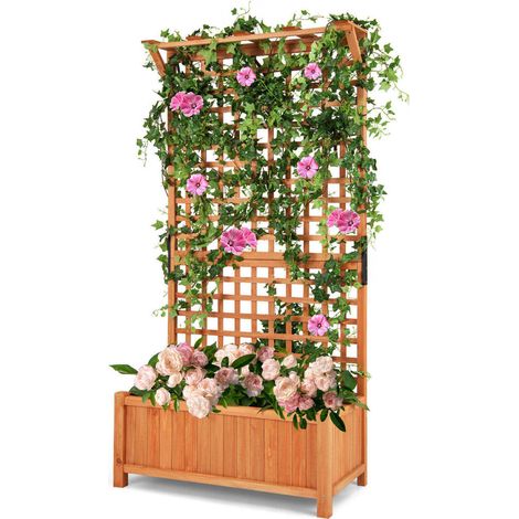 Jardinière surélevée avec treillis et toit suspendu, bois de sapin naturel, drainage, pour jardin balcon (1/5)
