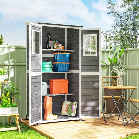 Abri de rangement jardin, 91 x 69 x 192 cm, abri à outils avec 2 fenêtres, poteaux de sol, toit en asphalte, bois de sapin, gris clair