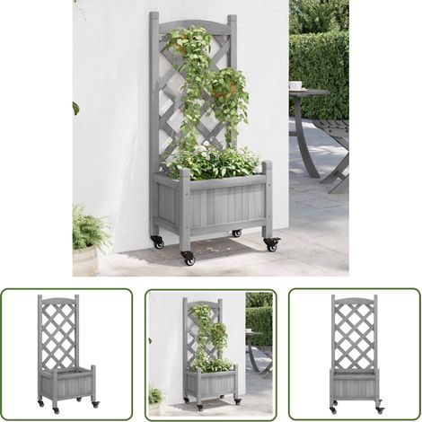 The Living Store Jardinière avec treillis et roues gris bois massif de sapin - Jardinier - Pot De Fleurs - Fleur Grimpante - Plante Grimpante - Bac À Planter (1/5)