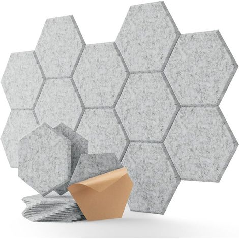 Lot de 12 panneaux acoustiques hexagonaux auto adhésifs, mur insonorisant haute densité pour décoration murale et traitement acoustique Panneaux insonorisants gris argenté 30 × 26 × 0,9 cm (1/5)