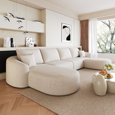 Ampio divano angolare a 4 posti con pouf,con curvatura a sinistra,in tessuto ciniglia,compresso,non richiede montaggio,imbottitura in schiuma ad alta densità,336x168x85 cm,beige (1/5)