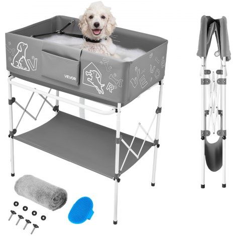 Bañera Elevada para Perros Gatos con Soporte, Bañera Plegable Portátil para Mascotas Pequeñas y Medianas hasta 30 kg, Estación de Baño con Estructura en X, Desagüe, Estante y Barra para Toallas (1/5)