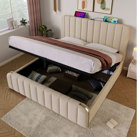 Letto contenitore adulto 180x200 cm con testiera, porte USB e Type-C e sistema idraulico, in lino beige, materasso non incluso (1/5)