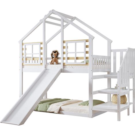 Lit superposé 90x200cm Lit enfant double avec toboggan et design cabane avec garde-corps et échelle - bois massif - blanc (1/5)
