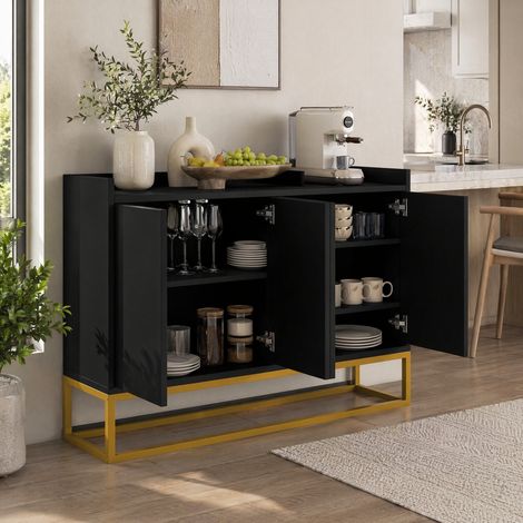 FLORAGRACE Buffet de rangement 4 portes 120 x 30 x 80 cm en panneau de particules noir sans poignée, meuble de salle à manger minimaliste (1/5)