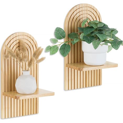 Set of 2 Wooden Wall Shelves, Floating Shelves, Bohemian Style, Decoration for Living Room, Bedroom, Office, Bathroom, Brown (1/5)