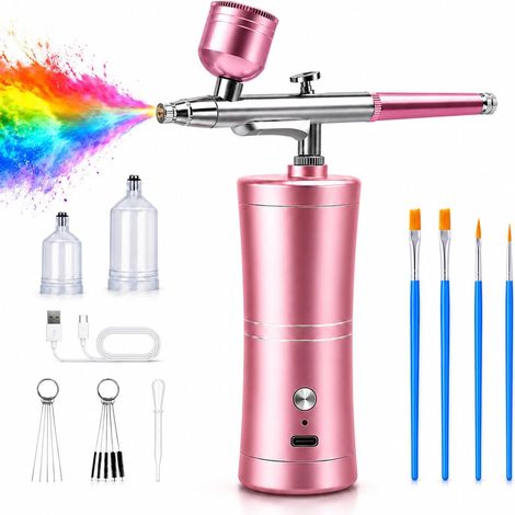 Kit Aérographe avec Compresseur Sans Fil, Buse 0,4 mm, 3 Godets 10/20/40CC, Pistolet Aérographe Portable avec Corps en Aluminium, Airbrush Ongle Recharge Type-C, pour Nail Art, Modélisme et Peinture (1/5)
