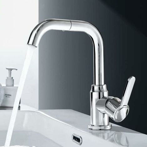 Robinet Mélangeur Salle De Bains - Pivotant 720° - Levier Simple - Acier Inoxydable Chromé - Hauteur 250 mm - Pour Lavabo Ou Vasque - 1 Pièce