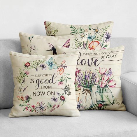 Housse Coussin 45x45 Lot 4 en Lin Doux Décoratif Fleur Canapé Salon-A (1/5)