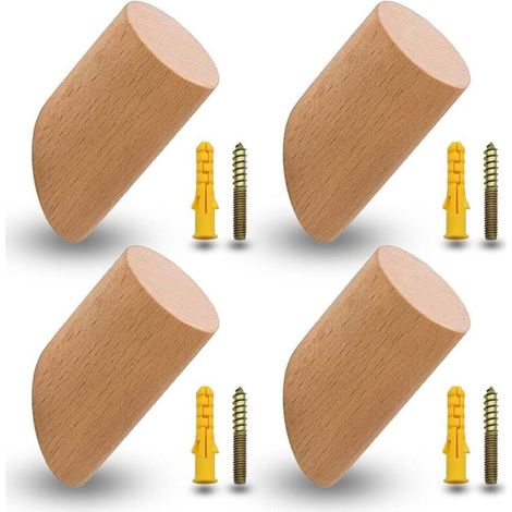 Lot de 4 patères en hêtre, patères en bois, crochets, crochets muraux avec 4 vis et tubes d'expansion pour bureau, cuisine, maison, vêtements (6 cm)