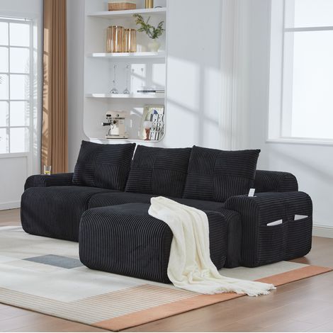 Sofá modular de 3 plazas con pufs, portavasos y bolsillo, pana negra DESVIAE (1/5)