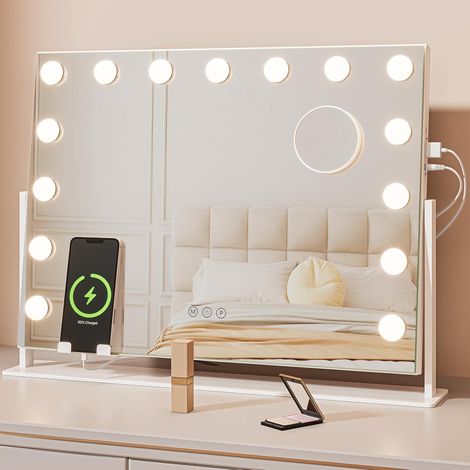 Dripex Miroir Maquillage Hollywood Lumineux, Miroir Coiffeuse LED 15 Lumières Dimmables 62 x 46 cm, Contrôle Tactile, 3 Modes de Lumière, Rotation à 360°, Support Téléphone Amovible - Blanc