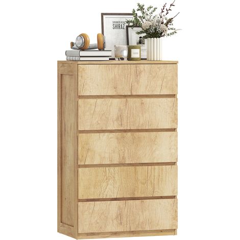 Commode à 5 tiroirs minimaliste bois naturel, meuble de rangement pratique pour vêtements chambre 60 x 39 x 100 cm (1/5)