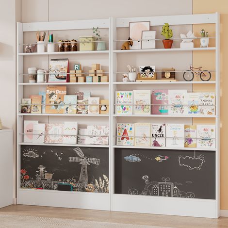 Libreria per bambini a 2 pezzi in MDF e metallo bianco, slim con lavagna (1/5)