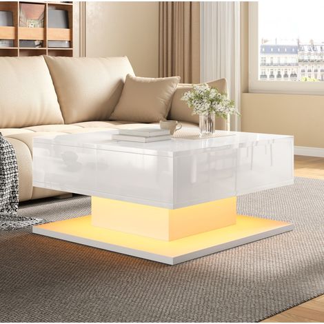 Table basse relevable 72x72x35 cm avec rangements, LED APP, 2 tiroirs, MDF et panneau de particules blanc (1/5)