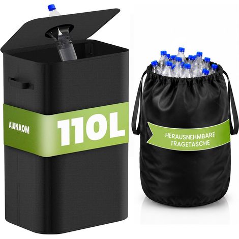 110L Poubelle Recyclage pour Plastique Bouteilles Verre,Collecteur de Bouteilles Consignées,Poubelle Tri Selectif avec Trou,Rangement de Bouteilles Consignées avec Sacs de Transport (Noir) (1/5)