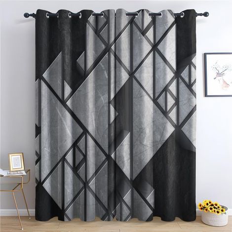 Rideau Occultant Géométrie Tridimensionnelle Gris Noir, Rideaux Thermiques à Oeillets pour Salon Chambre Fenetre, Motif Enfant Rideaux Lot De 2 Moderne Décoration De Fenêtre, 140x160 cm (L x H) - 140 (1/5)
