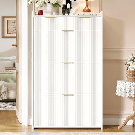 Meuble à chaussures moderne et étroit 80x25x135 cm, 3 portes abattantes, 2 tiroirs, faible profondeur, pour entrée et couloir, Blanc (1/5)