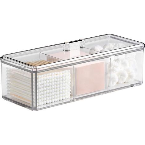 Rangement Maquillage 3 Compartiments, Organisateur Maquillage avec Couvercle, Rangement Parfum, Boite Coton Tige, Makeup Organizer pour Salle de Bain, Coiffeuse, Transparent (1/5)